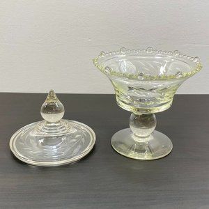Vintage Circle Design Cut Glass Pedestal Candy Dish with Matching Lid & Designer